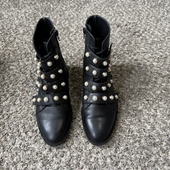 Zara Leather COMBAT Boots Black Pearl DECOR Strap Lace up Zip EU 37 US 6.5 READ - Picture 2 of 11